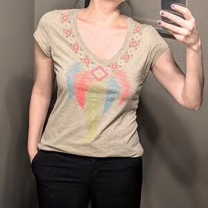 Roper Gray Top with Colorful Feather Design